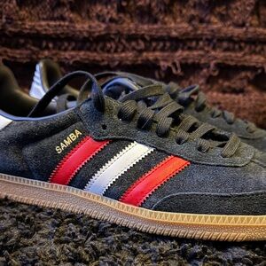adidas Samba OG Black suede with red & white stripes.